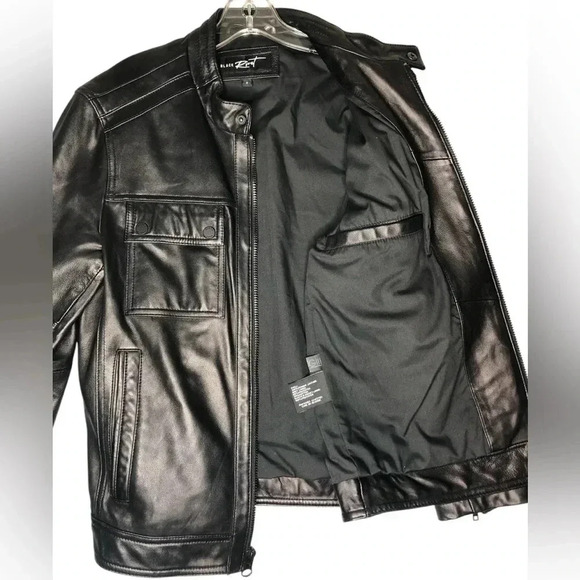 Black Rivet- Band Collar Leather Moto Jacket - Picture 10 of 12